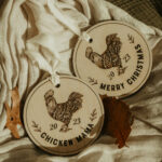 Wooden Christmas ornaments with laser engraved chickens