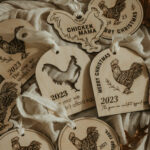 Wooden Christmas ornaments with laser engraved chickens