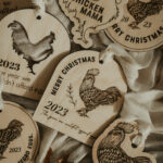 Wooden Christmas ornaments with laser engraved chickens