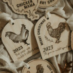 Wooden Christmas ornaments with laser engraved chickens