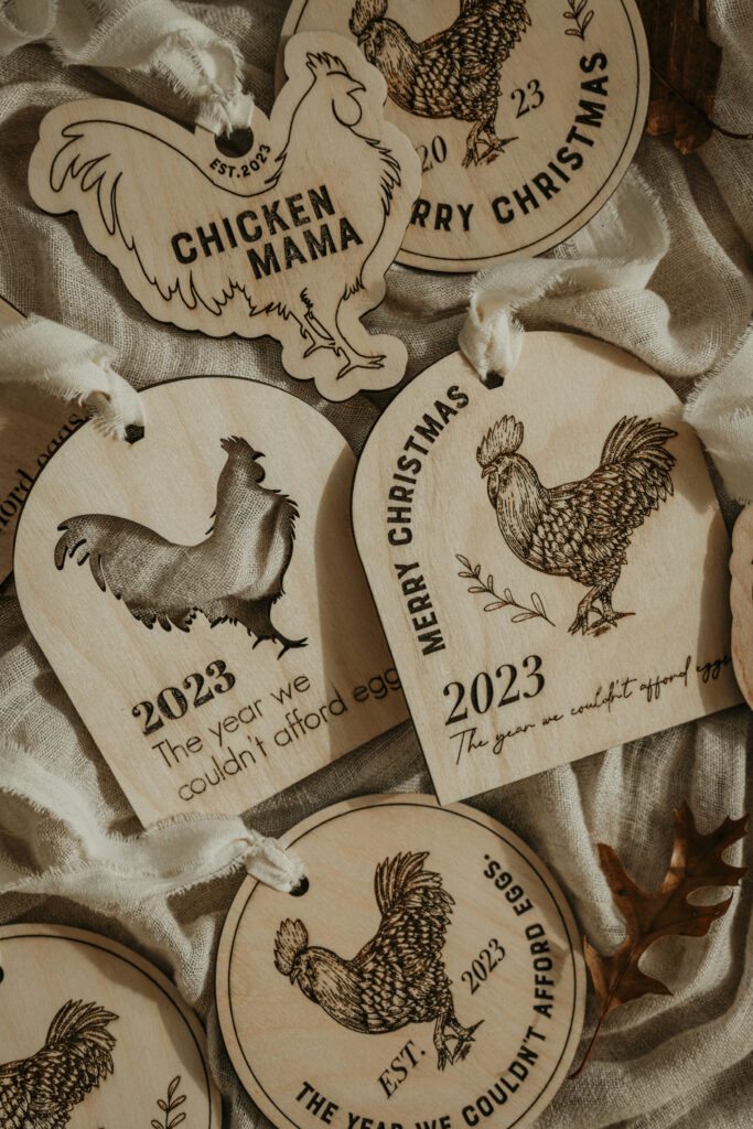 Wooden Christmas ornaments with laser engraved chickens