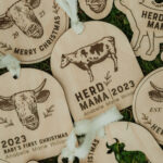 Wooden Christmas ornaments with laser engraved cows