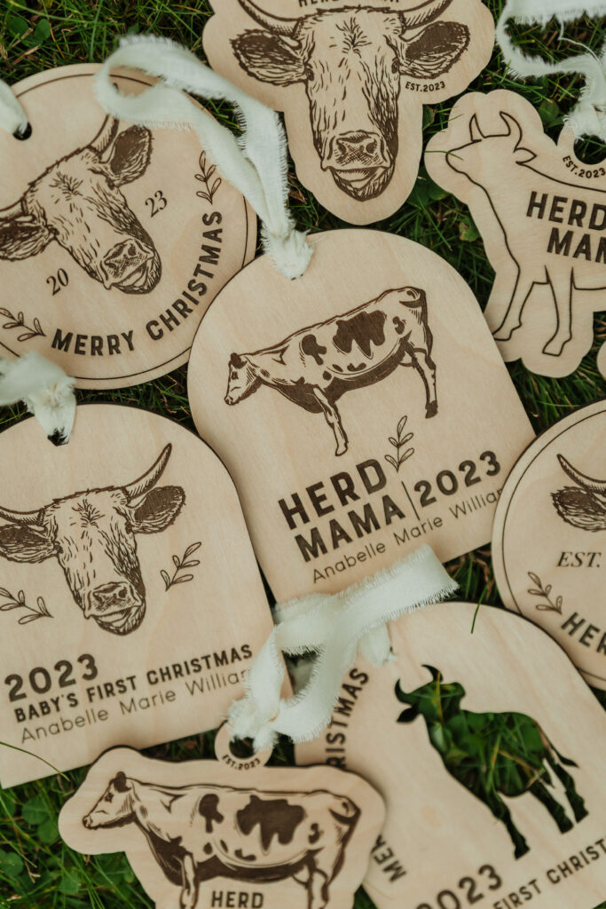 Wooden Christmas ornaments with laser engraved cows