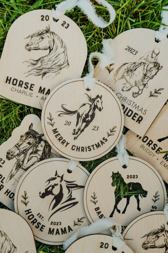 Wooden Christmas ornaments with laser engraved horses