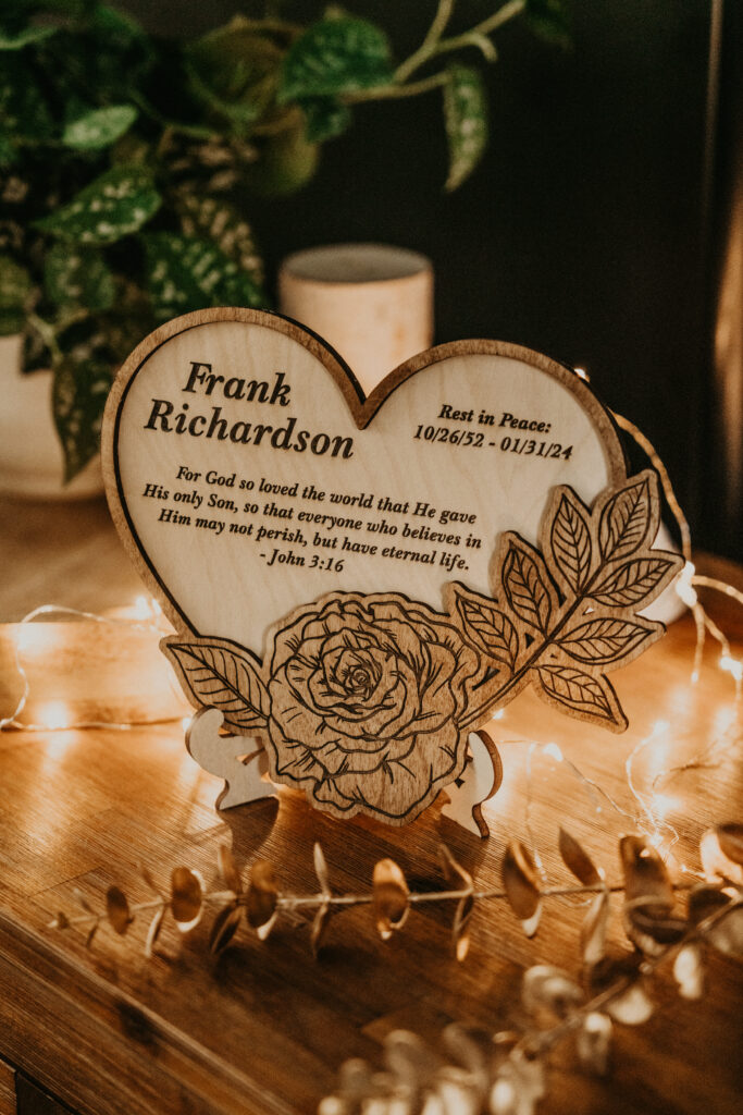 Wooden memorial floral heart plaque