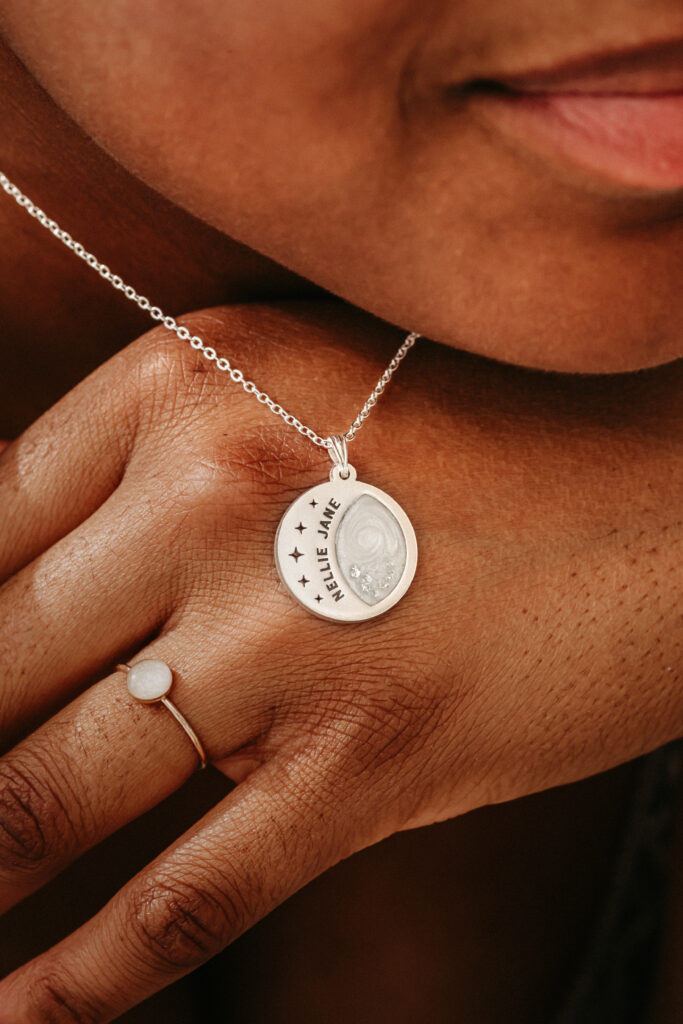 Silver laser engraved breastmilk necklace and breastmilk filled ring