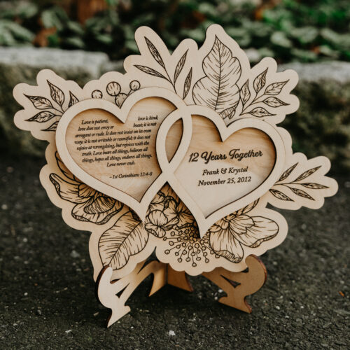 Wooden laser engraved floral heart plaque