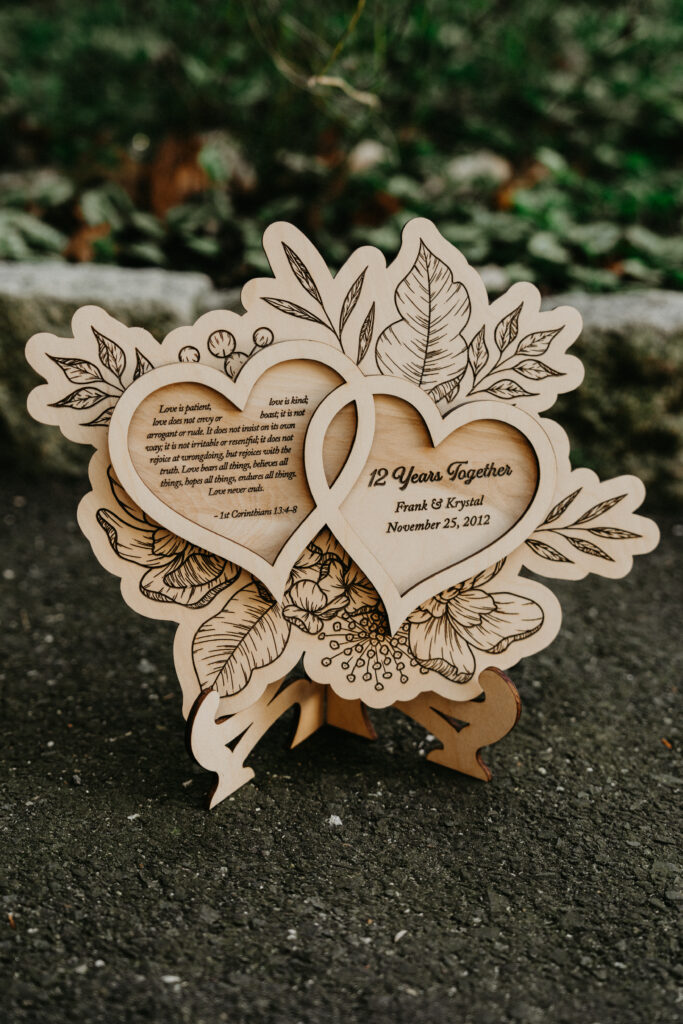 Wooden laser engraved floral heart plaque