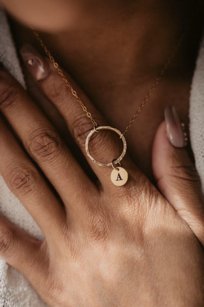 Hammered Circle Necklace with Initial Charm